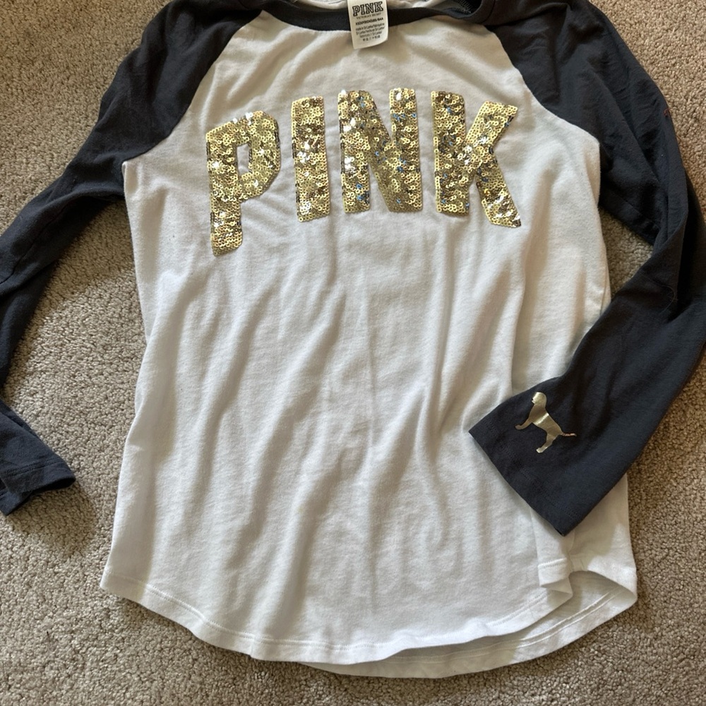 Victoria's Secret PINK Gold Sequin Logo Pajama Top